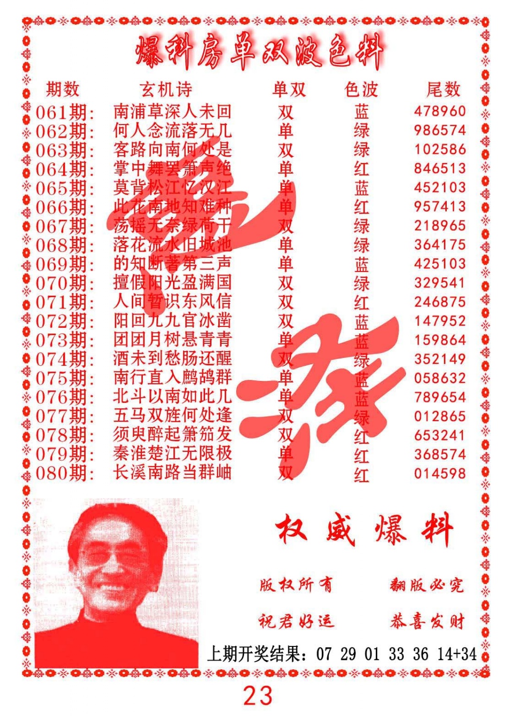 074期爆料房单双波色料[图]